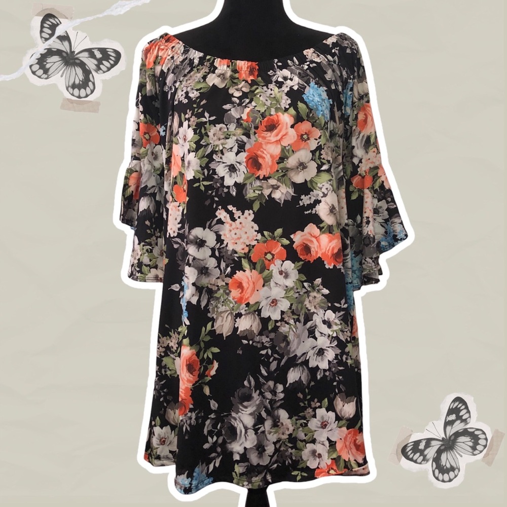 Women’s Persaya Black Boho Floral Print Off the Shoulder Flounce Sleeve Dress